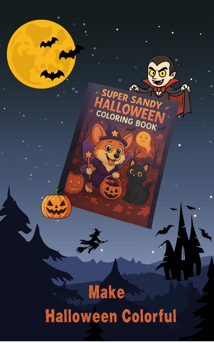 Super Sandy Halloween coloring book with a pumpkin, bats, and a vampire, with the line Make Halloween Colorful